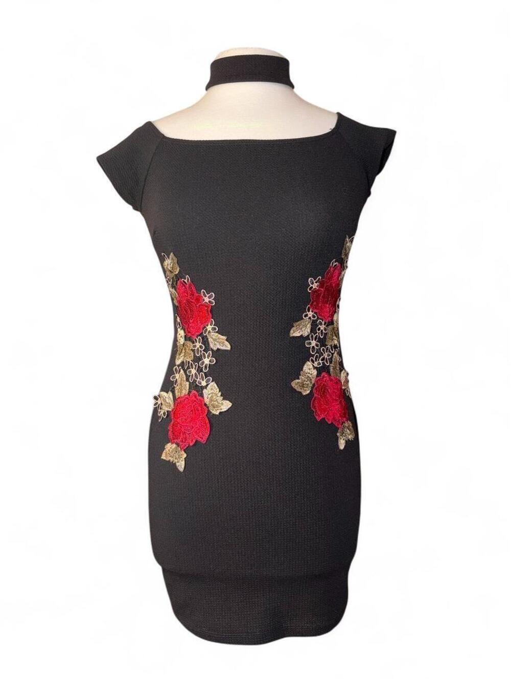 Klaxons Black Bodycon Mini Dress with Red Rose Floral Embroidery - Size M